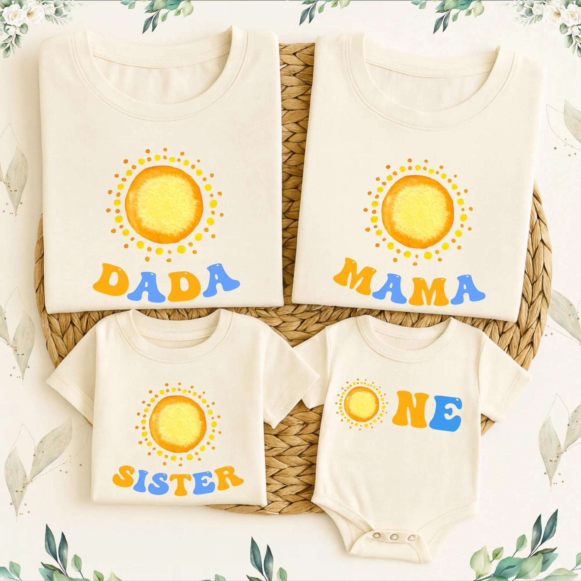 Retro Sunny ONE Birthday Matching Family Shirts, Fun 1st Birthday Romper Outfit, Playful Dada Mama Sister Tees, Yellow Orange Graphic Clothes Set