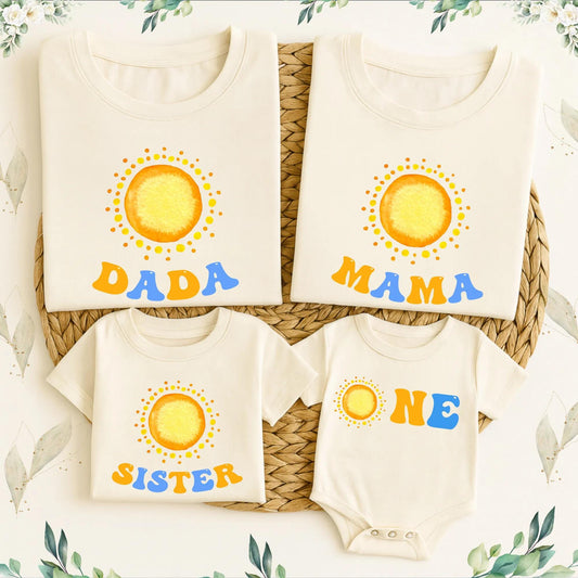 Retro Sunny ONE Birthday Matching Family Shirts, Fun 1st Birthday Romper Outfit, Playful Dada Mama Sister Tees, Yellow Orange Graphic Clothes Set