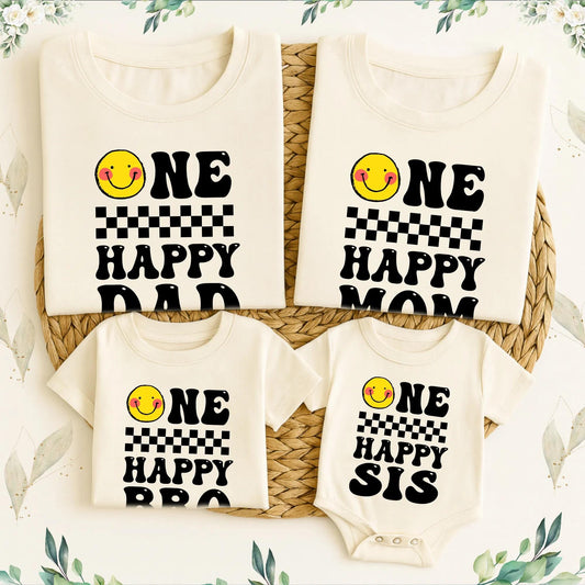 One Happy Birthday Matching Family Shirts Retro Groovy Smiley Face Romper First Birthday Outfit Boy Girl Birthday Dude Vibes