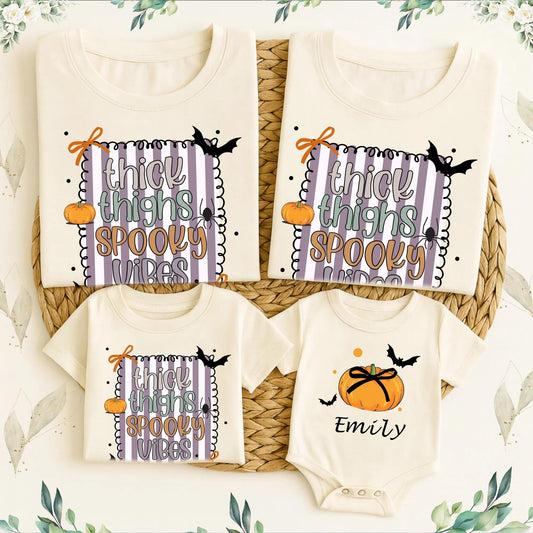 Matching Family Thick Thighs Spooky Vibes Halloween Shirts Custom Baby Girl Romper with Whimsical Pumpkin Bat Spider Cartoon Outfits