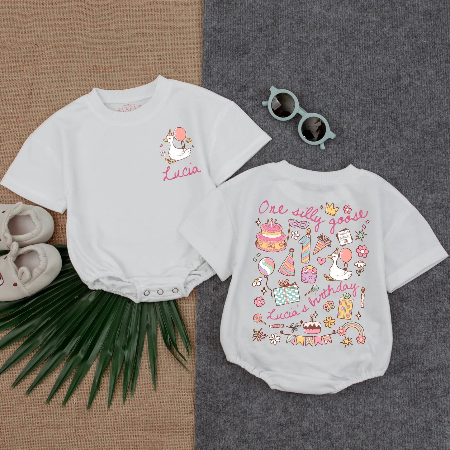 Personalized One Silly Goose Birthday Romper with Balloon & Name Cute Pastel Baby Outfit 1st Birthday Gift