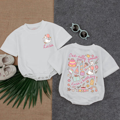 Personalized One Silly Goose Birthday Romper with Balloon & Name Cute Pastel Baby Outfit 1st Birthday Gift