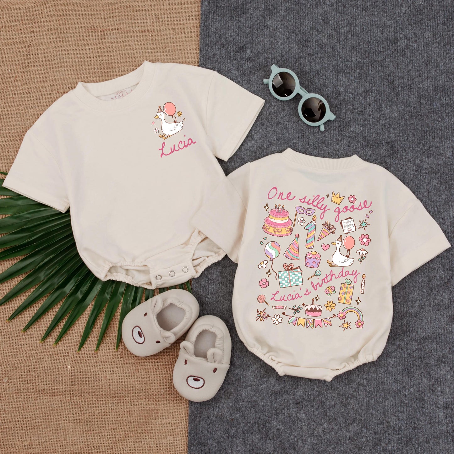 Personalized One Silly Goose Birthday Romper with Balloon & Name Cute Pastel Baby Outfit 1st Birthday Gift