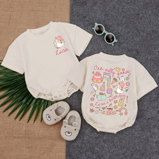 Personalized One Silly Goose Birthday Romper with Balloon & Name Cute Pastel Baby Outfit 1st Birthday Gift