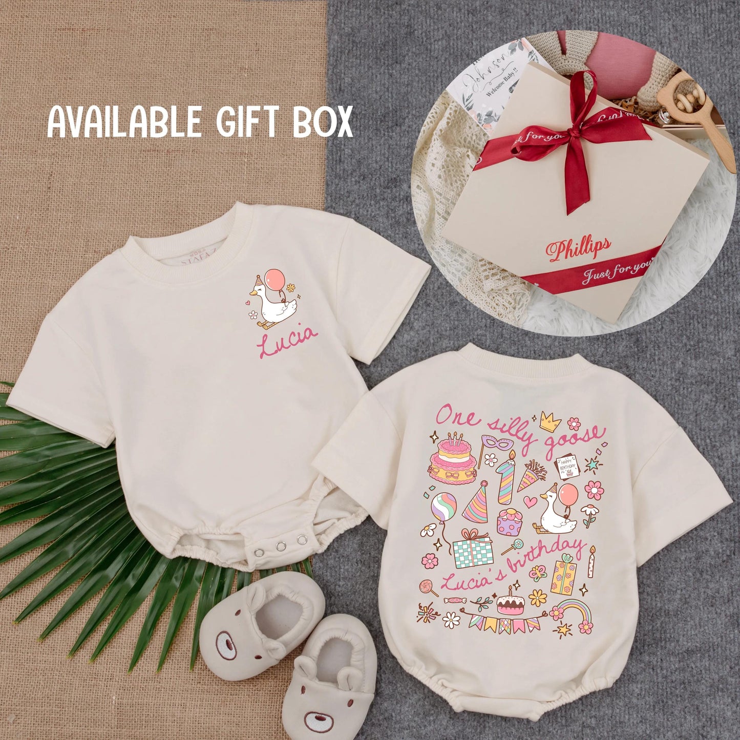 Personalized One Silly Goose Birthday Romper with Balloon & Name Cute Pastel Baby Outfit 1st Birthday Gift