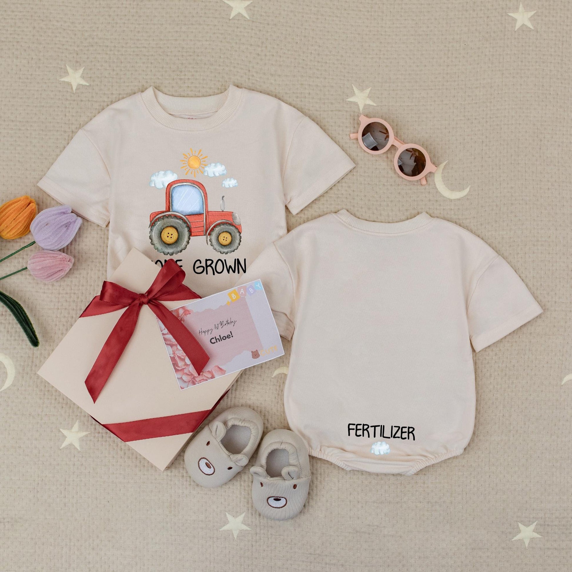 Whimsical Home Grown Baby Romper Featuring Red Tractor Sun & Cloud Art with HOME GRO Text Soft Cotton Infant Farm Life Bodysuit Funny Shower Gift Unisex Bubble Style