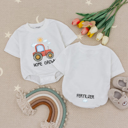 Whimsical Home Grown Baby Romper Featuring Red Tractor Sun & Cloud Art with HOME GRO Text Soft Cotton Infant Farm Life Bodysuit Funny Shower Gift Unisex Bubble Style