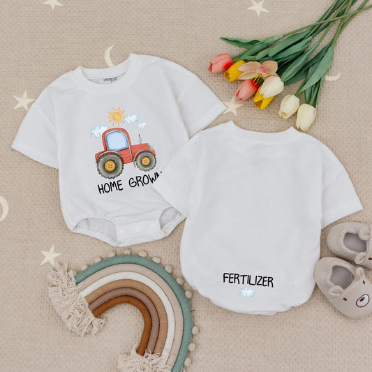 Whimsical Home Grown Baby Romper Featuring Red Tractor Sun & Cloud Art with HOME GRO Text Soft Cotton Infant Farm Life Bodysuit Funny Shower Gift Unisex Bubble Style