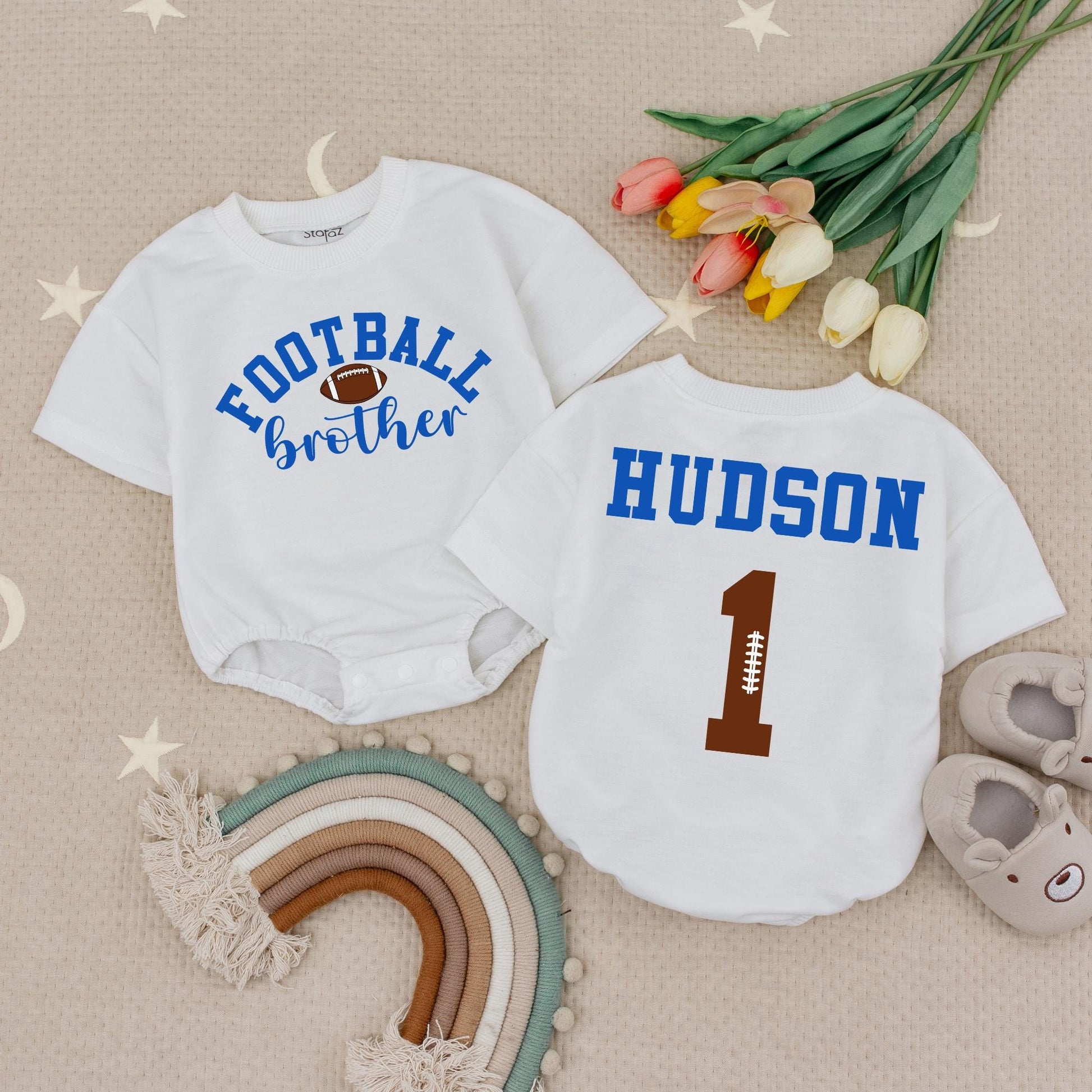 Football Brother Hudson Baby Romper Set, Little Bro's Biggest Fan! Custom Name & Number Babysuit, Game Day Outfit for Future Star, Team Blue 1 Jersey  