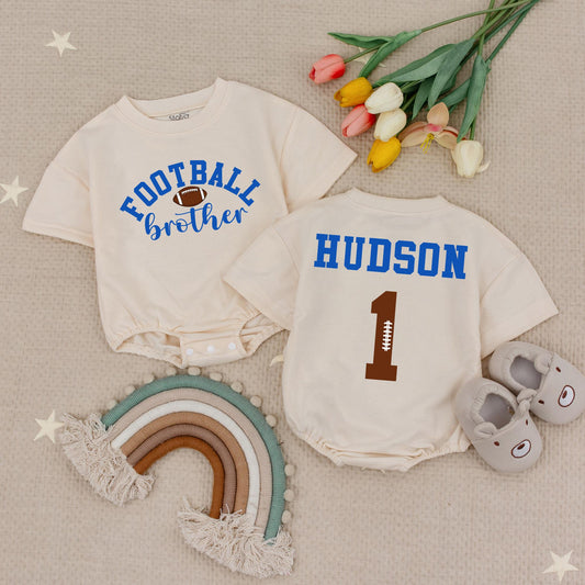 Football Brother Hudson Baby Romper Set, Little Bro's Biggest Fan! Custom Name & Number Babysuit, Game Day Outfit for Future Star, Team Blue 1 Jersey  