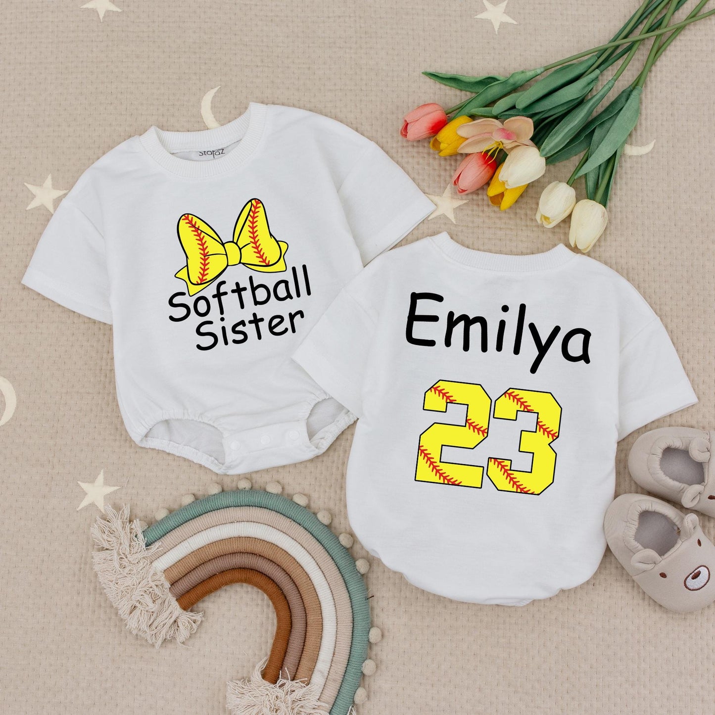 Softball Sister Romper: Custom Emilya 23, Little Sister's Game Day Outfit with Softball Bow, Red Stitches, Playful Baby Shower Gift, Cute Babysuit