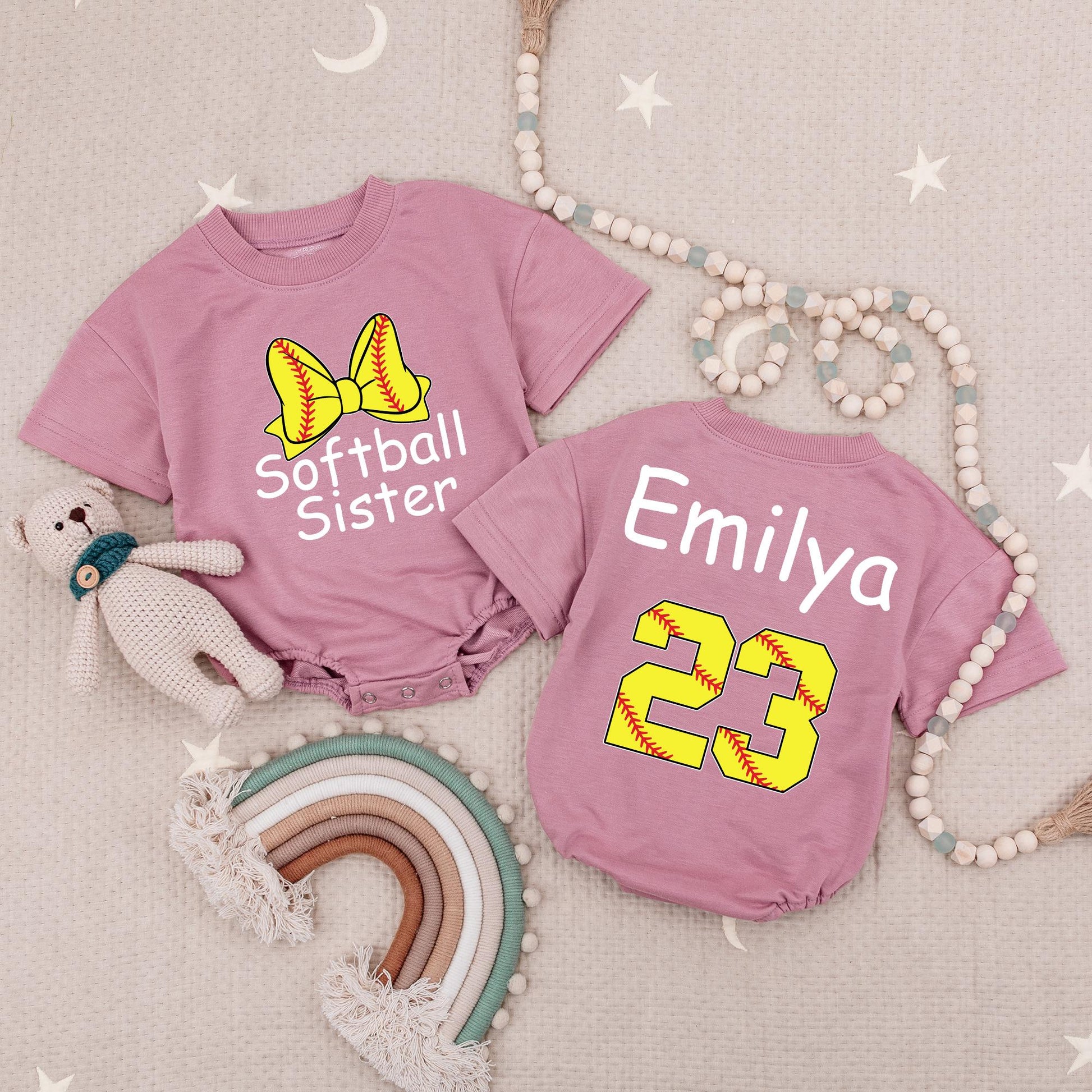 Softball Sister Romper: Custom Emilya 23, Little Sister's Game Day Outfit with Softball Bow, Red Stitches, Playful Baby Shower Gift, Cute Babysuit