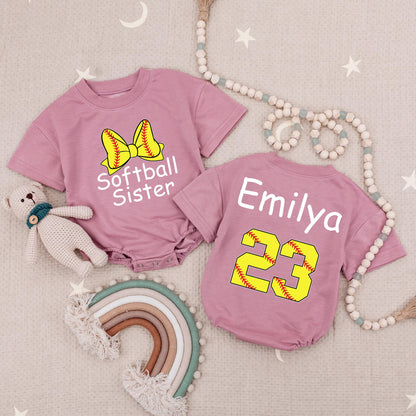 Softball Sister Romper: Custom Emilya 23, Little Sister's Game Day Outfit with Softball Bow, Red Stitches, Playful Baby Shower Gift, Cute Babysuit