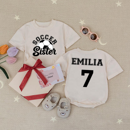 Custom Soccer Sister Romper: Soccer Ball & 'Soccer Sister' Baby Bodysuit, Personalized Name & Number, Gameday Outfit