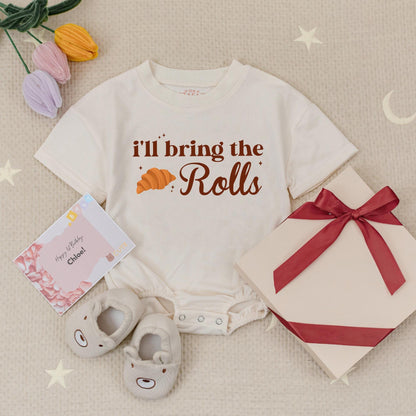 Pumpkin Pie & Rolls Thanksgiving Baby Romper Set: Funny Fall Bodysuit for Thicc Thighs Feast Outfits, Cute Holiday Baby Clothes, Gender Neutral 139