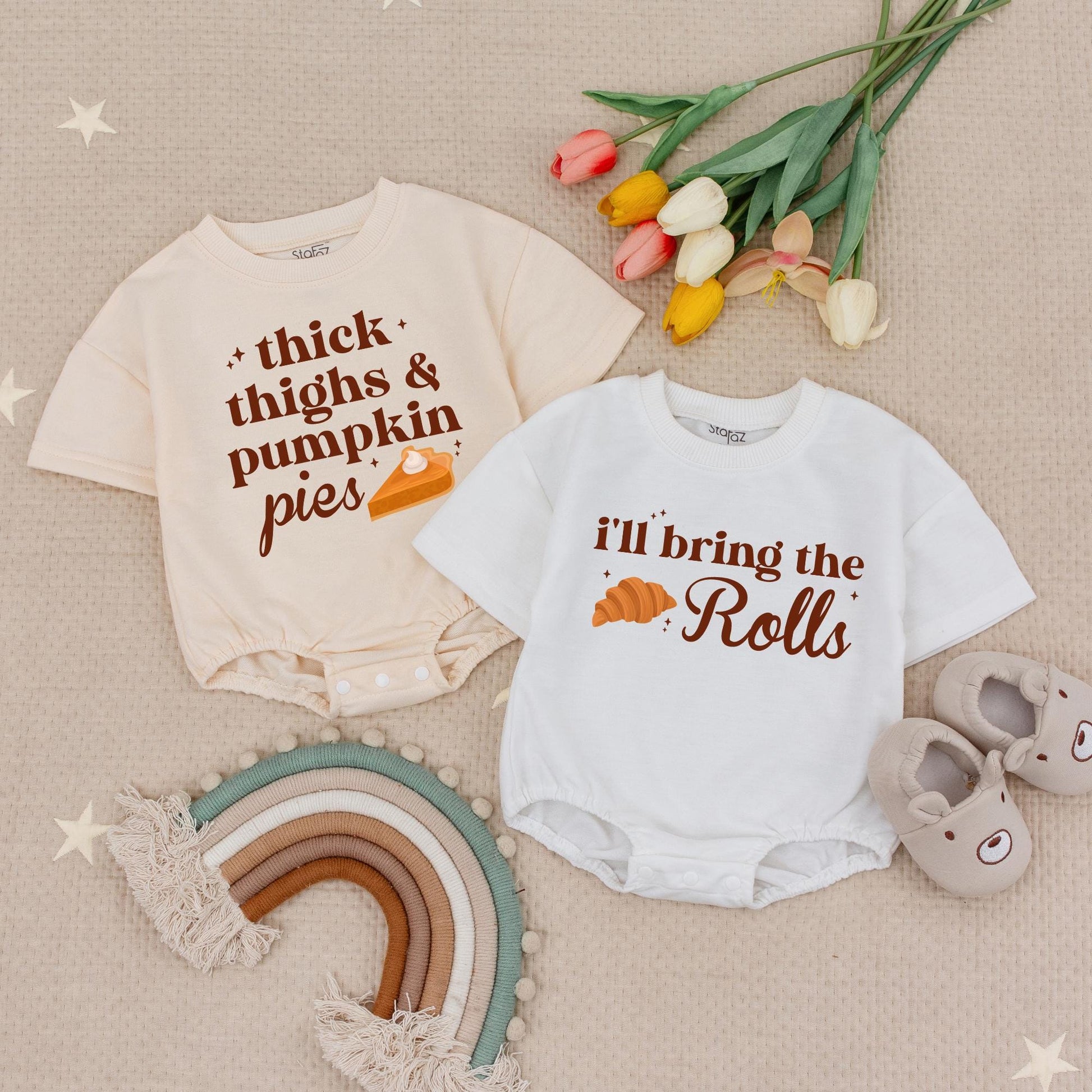 Pumpkin Pie & Rolls Thanksgiving Baby Romper Set: Funny Fall Bodysuit for Thicc Thighs Feast Outfits, Cute Holiday Baby Clothes, Gender Neutral 139