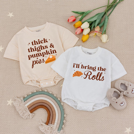 Pumpkin Pie & Rolls Thanksgiving Baby Romper Set: Funny Fall Bodysuit for Thicc Thighs Feast Outfits, Cute Holiday Baby Clothes, Gender Neutral 139