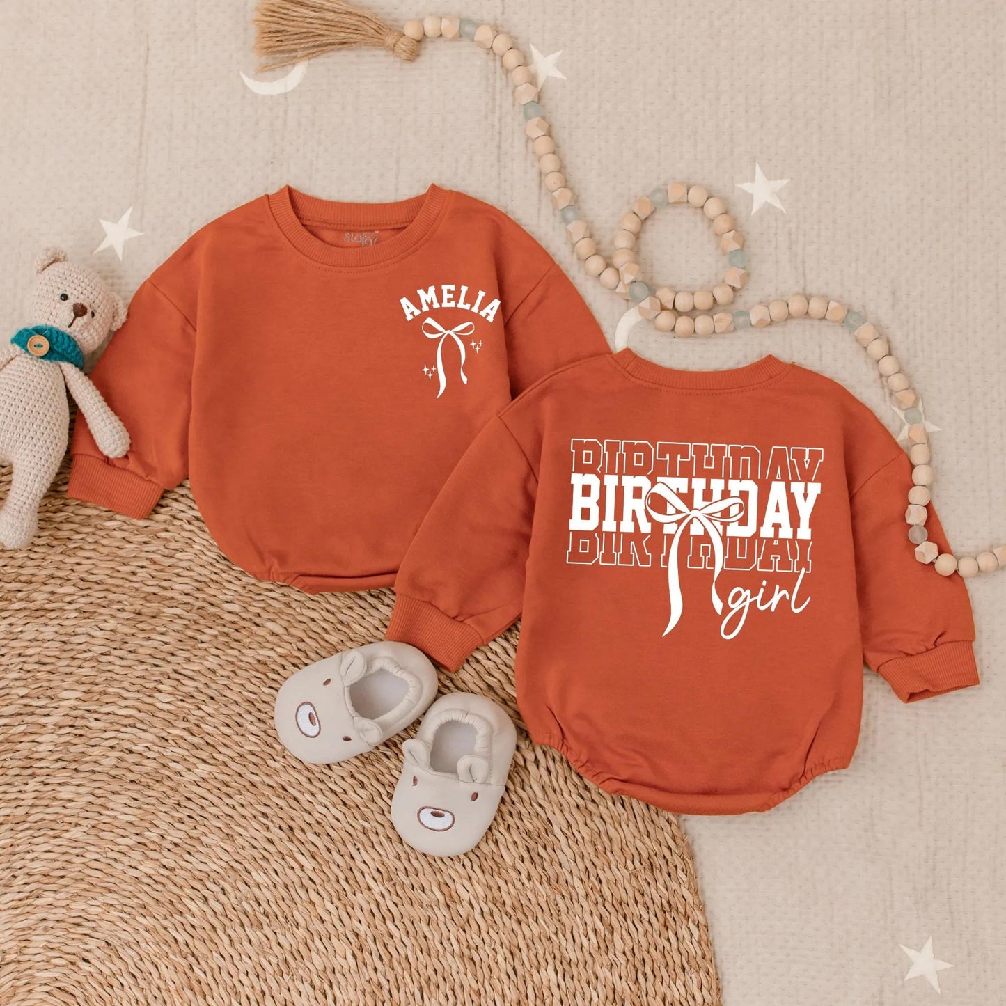 Amelia Birthday Girl Romper Pink Bow Outfit Custom 1st Birthday Outfit Baby Girl Clothes Toddler Party Sweatshirt Cute First Bday Set 138