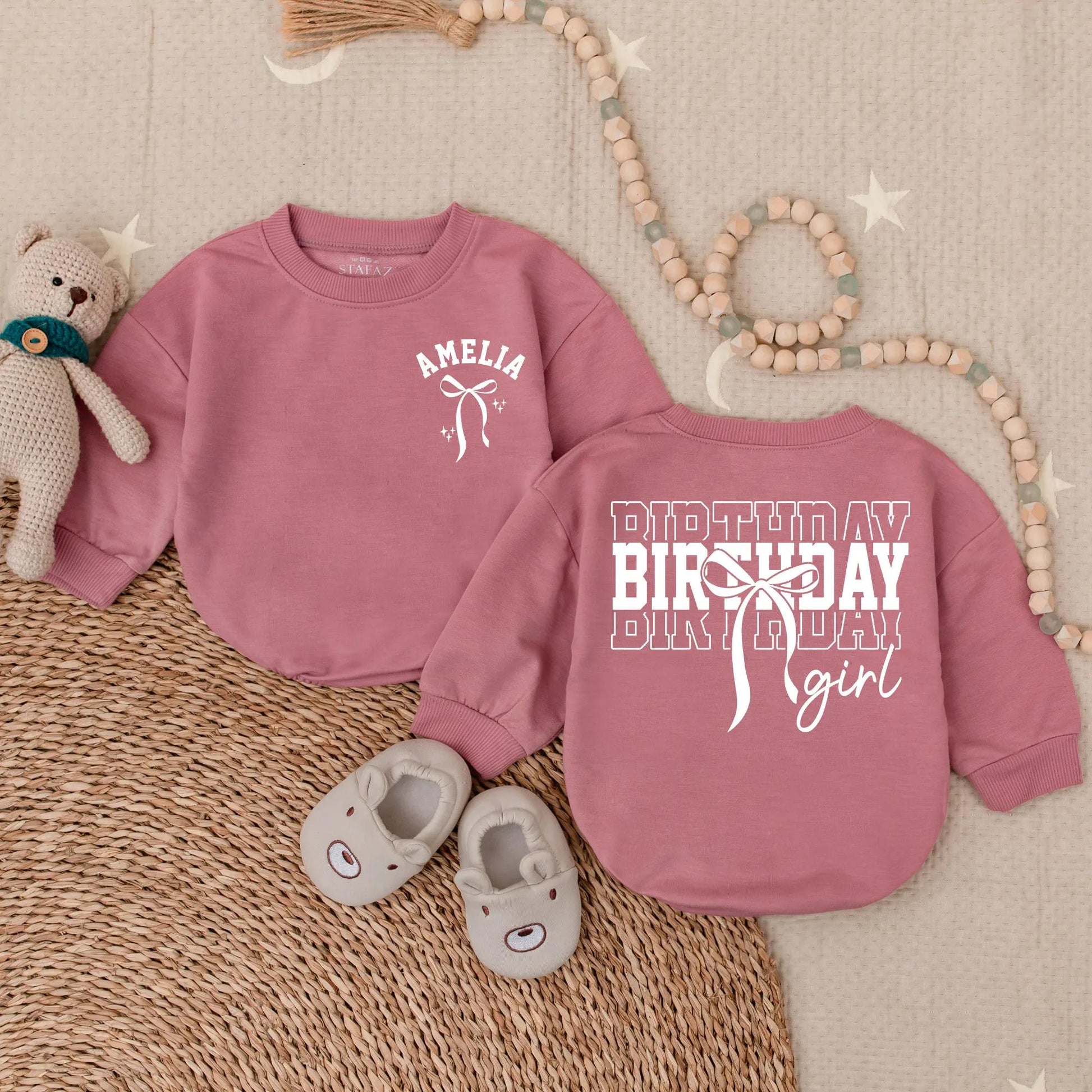 Amelia Birthday Girl Romper Pink Bow Outfit Custom 1st Birthday Outfit Baby Girl Clothes Toddler Party Sweatshirt Cute First Bday Set 138