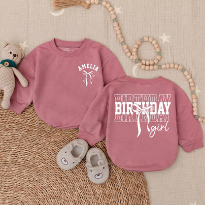 Amelia Birthday Girl Romper Pink Bow Outfit Custom 1st Birthday Outfit Baby Girl Clothes Toddler Party Sweatshirt Cute First Bday Set 138