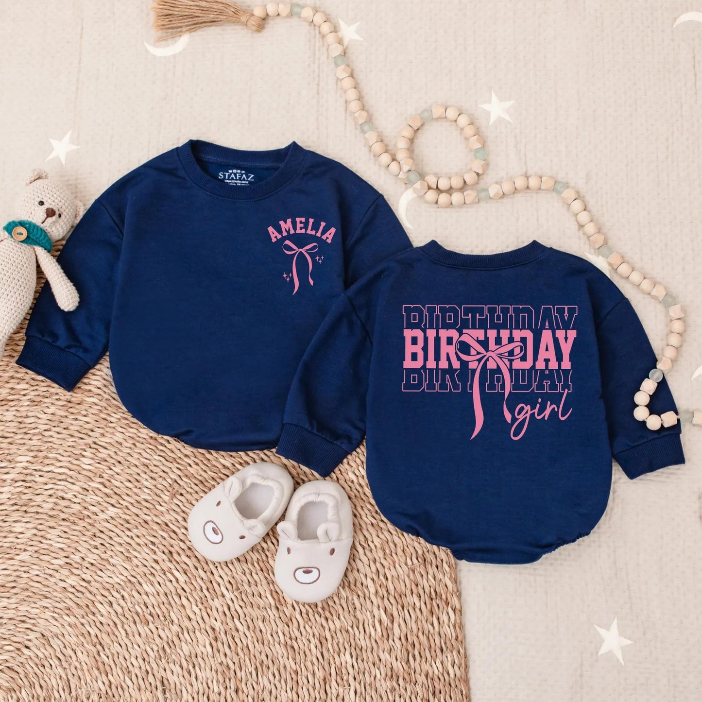 Amelia Birthday Girl Romper Pink Bow Outfit Custom 1st Birthday Outfit Baby Girl Clothes Toddler Party Sweatshirt Cute First Bday Set 138
