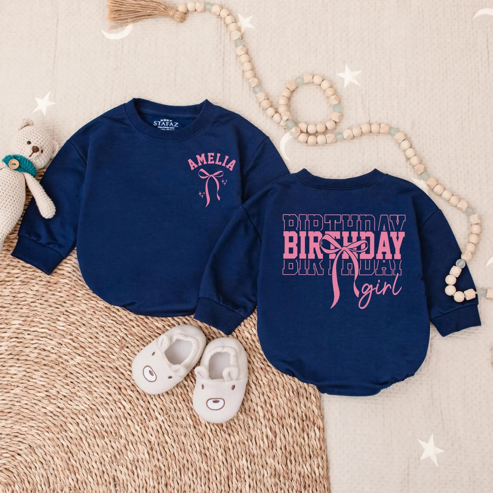Amelia Birthday Girl Romper Pink Bow Outfit Custom 1st Birthday Outfit Baby Girl Clothes Toddler Party Sweatshirt Cute First Bday Set 138
