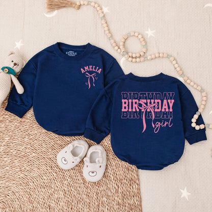 Amelia Birthday Girl Romper Pink Bow Outfit Custom 1st Birthday Outfit Baby Girl Clothes Toddler Party Sweatshirt Cute First Bday Set 138