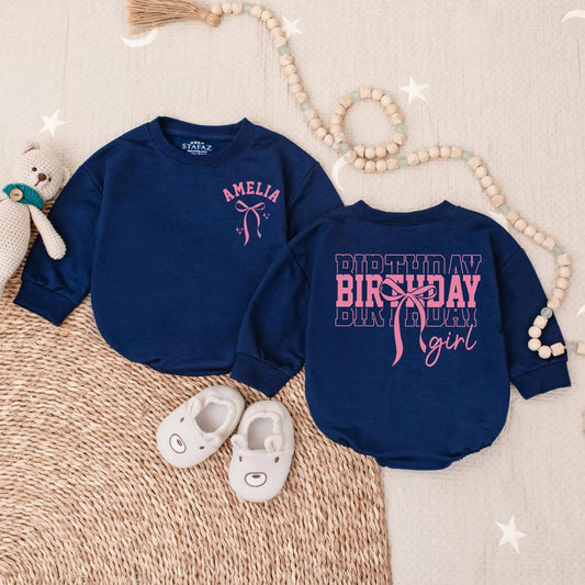 Amelia Birthday Girl Romper Pink Bow Outfit Custom 1st Birthday Outfit Baby Girl Clothes Toddler Party Sweatshirt Cute First Bday Set 138