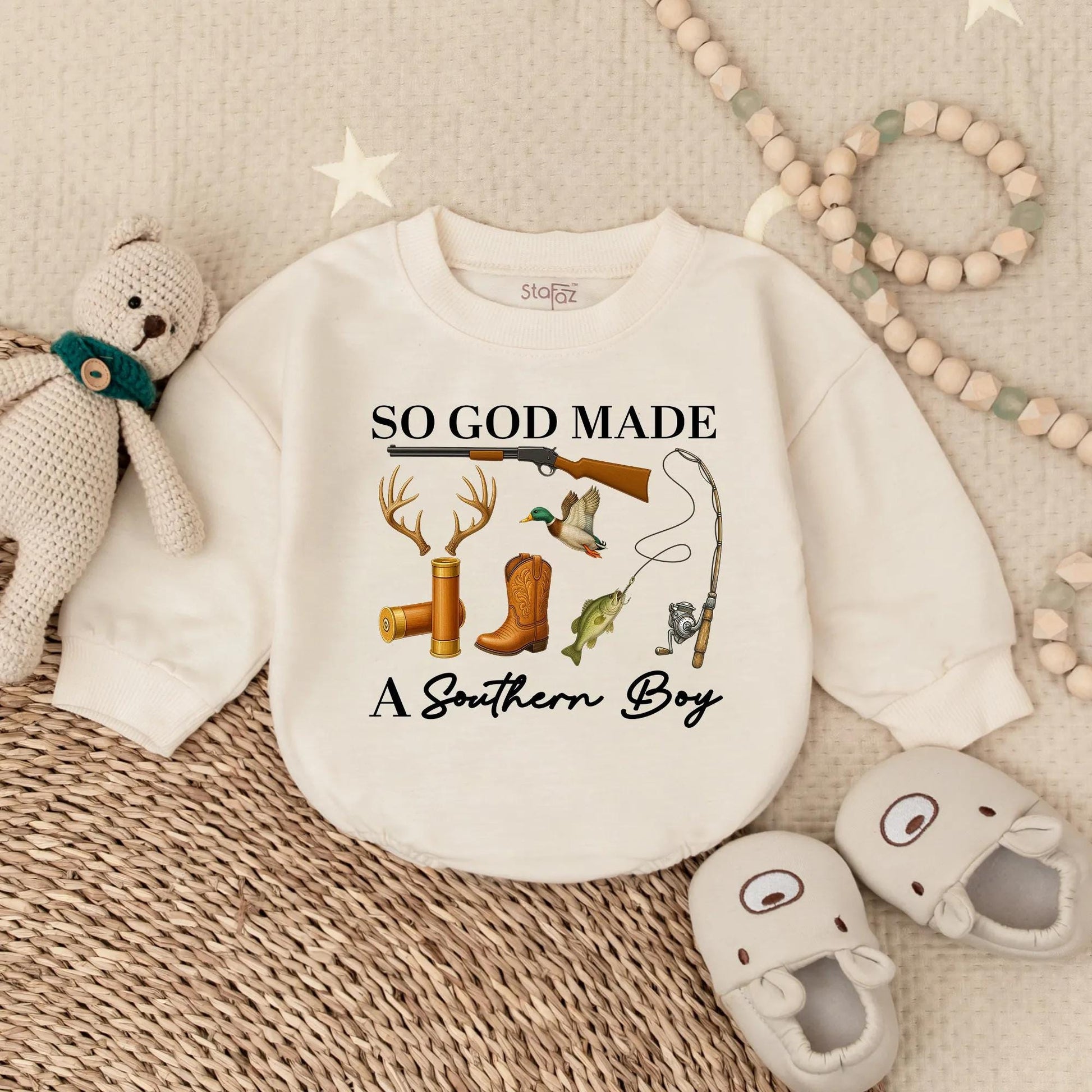 So God Made a Southern Boy Baby Romper: Hunting, Fishing & Duck Design. Outdoor Baby Bodysuit Clothes, Perfect Baby Shower Gift, Deer & Rifle, Browns/Greens (139)