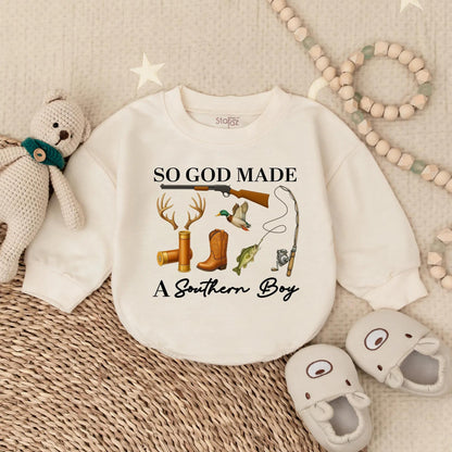So God Made a Southern Boy Baby Romper: Hunting, Fishing & Duck Design. Outdoor Baby Bodysuit Clothes, Perfect Baby Shower Gift, Deer & Rifle, Browns/Greens (139)