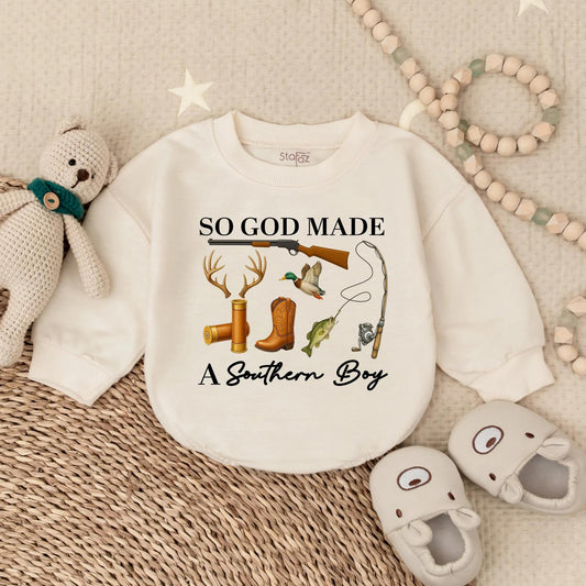 So God Made a Southern Boy Baby Romper: Hunting, Fishing & Duck Design. Outdoor Baby Bodysuit Clothes, Perfect Baby Shower Gift, Deer & Rifle, Browns/Greens (139)