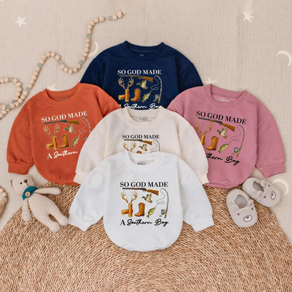 So God Made a Southern Boy Baby Romper: Hunting, Fishing & Duck Design. Outdoor Baby Bodysuit Clothes, Perfect Baby Shower Gift, Deer & Rifle, Browns/Greens (139)