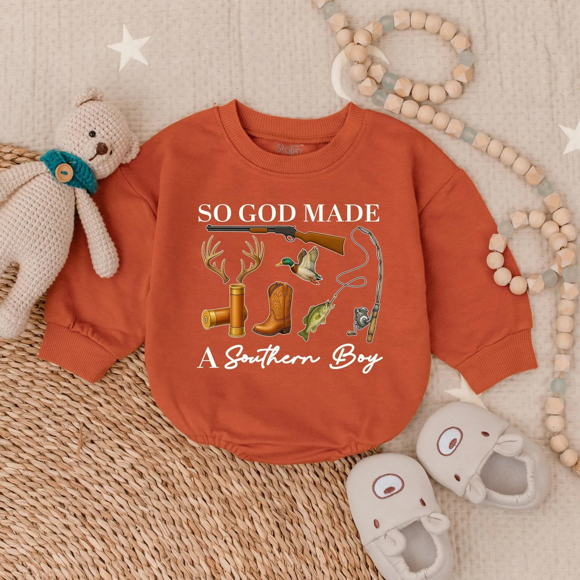 So God Made a Southern Boy Baby Romper: Hunting, Fishing & Duck Design. Outdoor Baby Bodysuit Clothes, Perfect Baby Shower Gift, Deer & Rifle, Browns/Greens (139)