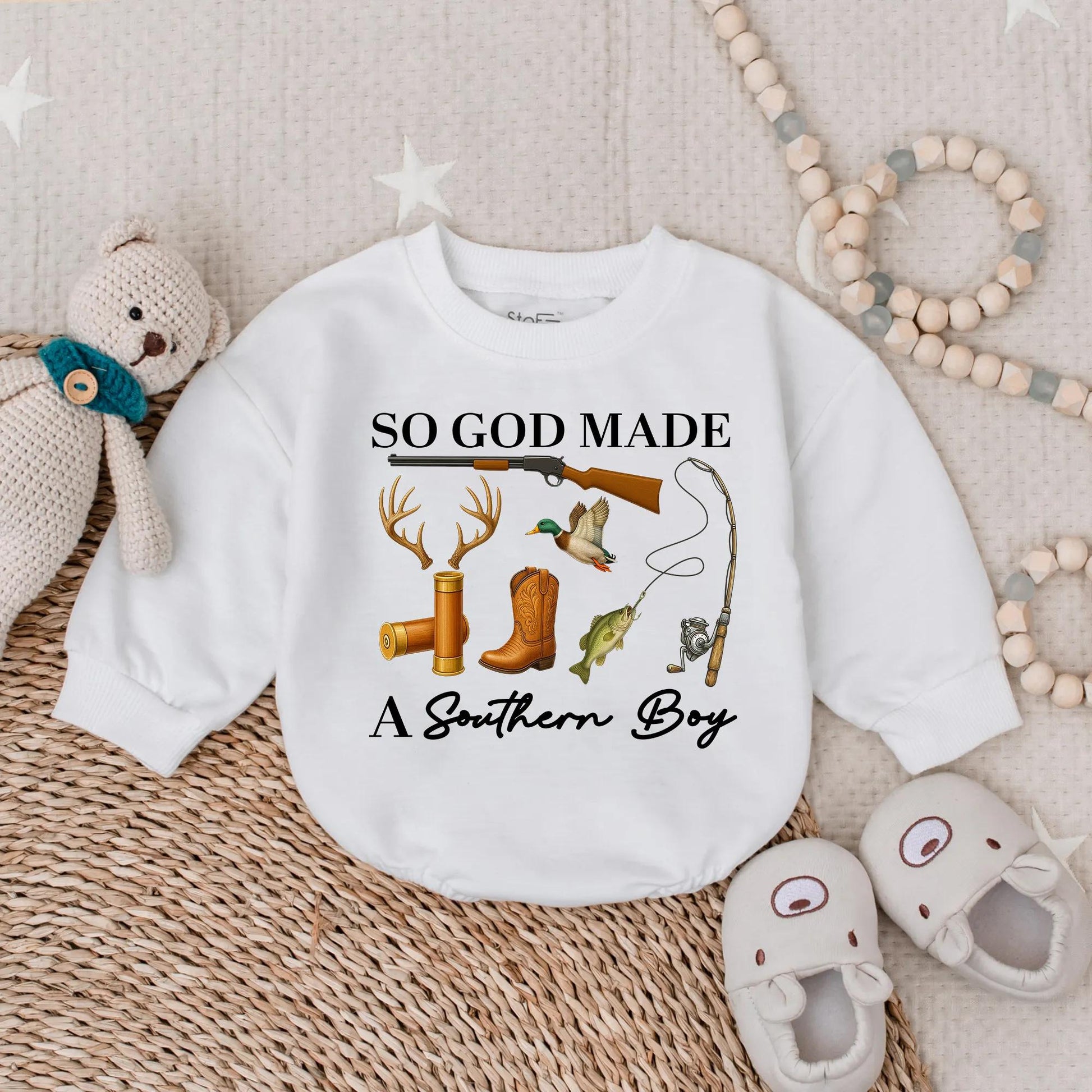 So God Made a Southern Boy Baby Romper: Hunting, Fishing & Duck Design. Outdoor Baby Bodysuit Clothes, Perfect Baby Shower Gift, Deer & Rifle, Browns/Greens (139)