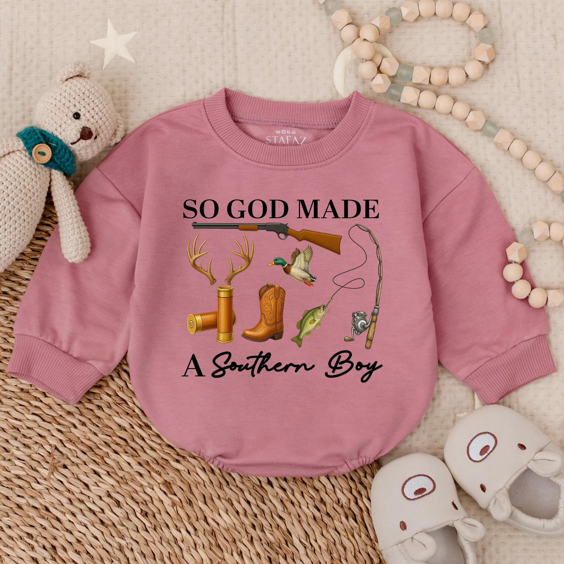 So God Made a Southern Boy Baby Romper: Hunting, Fishing & Duck Design. Outdoor Baby Bodysuit Clothes, Perfect Baby Shower Gift, Deer & Rifle, Browns/Greens (139)