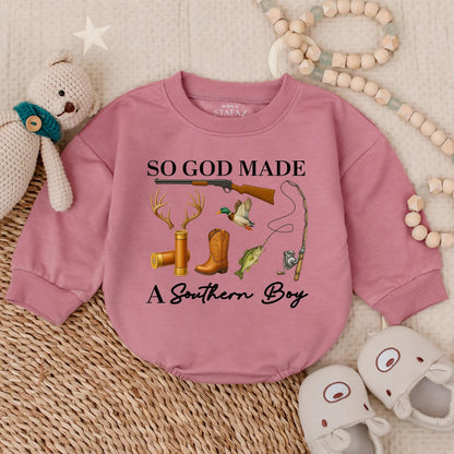 So God Made a Southern Boy Baby Romper: Hunting, Fishing & Duck Design. Outdoor Baby Bodysuit Clothes, Perfect Baby Shower Gift, Deer & Rifle, Browns/Greens (139)