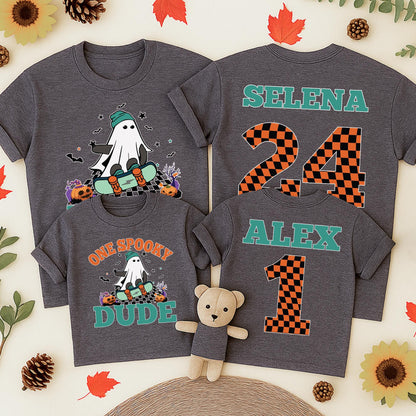 Spooky Dude 1st Birthday Matching Family Halloween Shirts: Custom Name Ghost Skateboard Design, Personalized First Birthday Outfit, Baby Toddler Tee