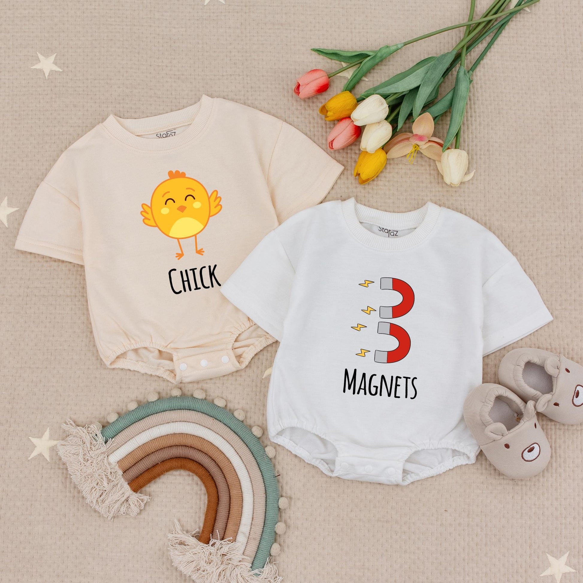Cute Chick Magnet Twins Romper Set, Funny Baby Boy Bodysuit Matching Outfit, Playful Cartoon Design, Unique Twin Baby Shower Gift Set (138 chars)