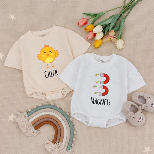 Cute Chick Magnet Twins Romper Set, Funny Baby Boy Bodysuit Matching Outfit, Playful Cartoon Design, Unique Twin Baby Shower Gift Set (138 chars)