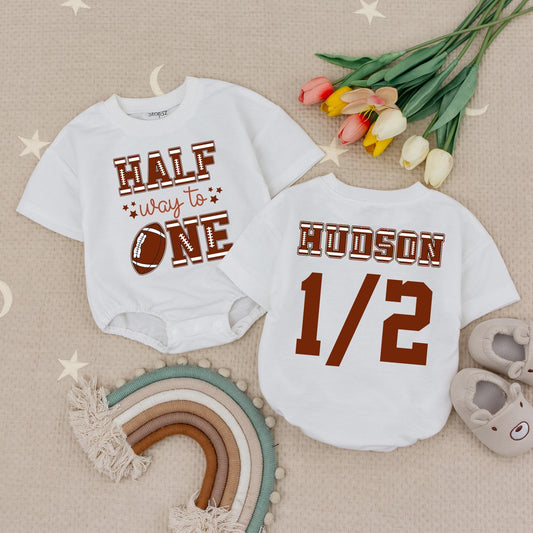 Half Way to One Football Romper - 6 Month Baby Outfit, Custom Name, 1/2 Birthday Party Celebration,  Star Accents, Baby Shower Gift, Boy Sportswear  