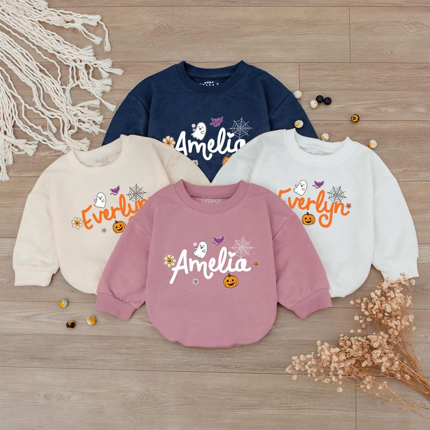 Custom Name Halloween Baby Bodysuit & Sweatshirt Orange Ghost Pumpkin Bat Purple White Fall Outfit Personalized