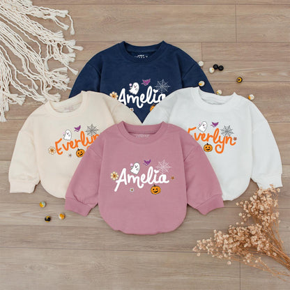 Custom Name Halloween Baby Bodysuit & Sweatshirt Orange Ghost Pumpkin Bat Purple White Fall Outfit Personalized