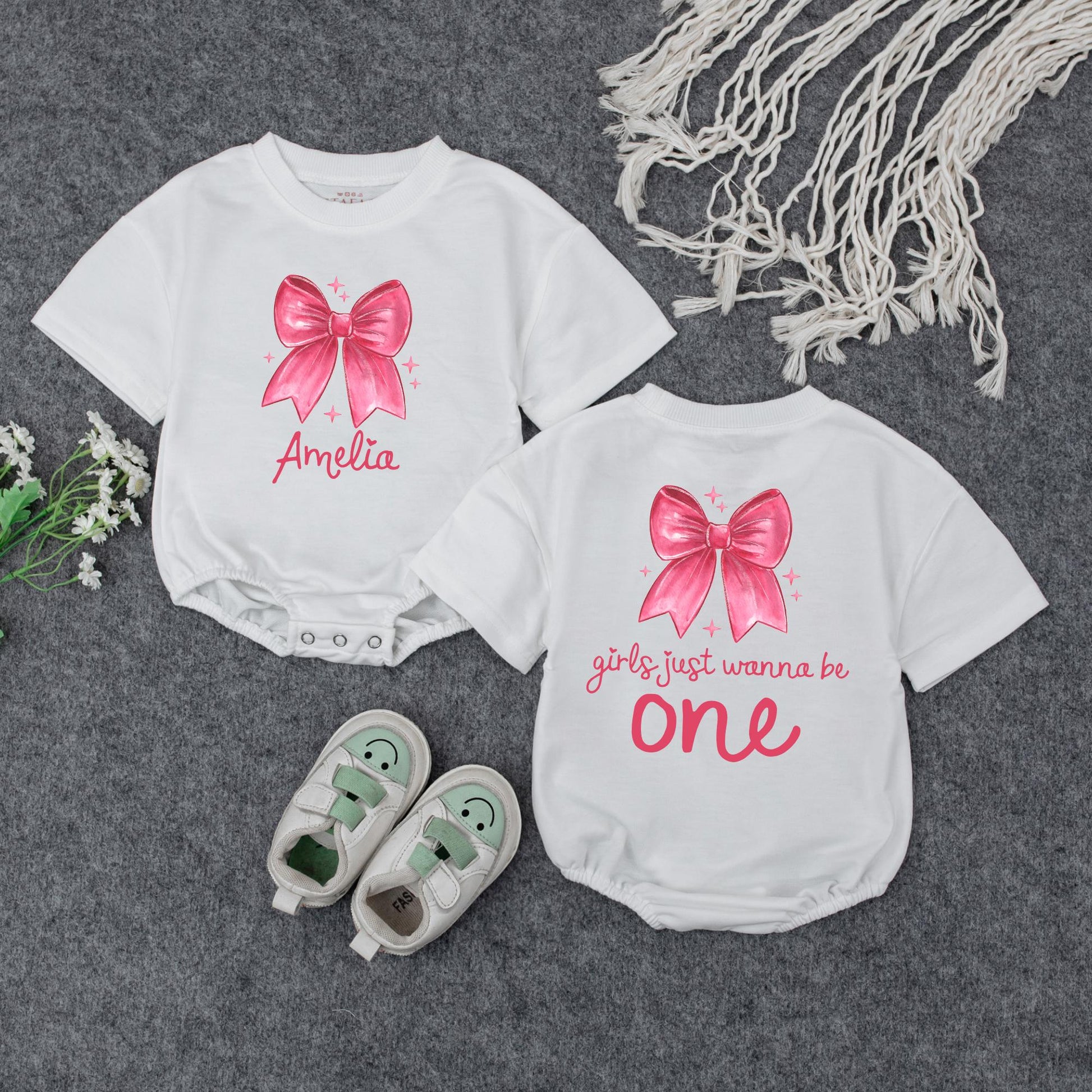 Amelia's First Birthday Outfit Pink Bow Starbursts Girls Just Wanna Be One Year Old Custom Baby Girl Sweatshirt Gift