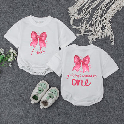 Amelia's First Birthday Outfit Pink Bow Starbursts Girls Just Wanna Be One Year Old Custom Baby Girl Sweatshirt Gift
