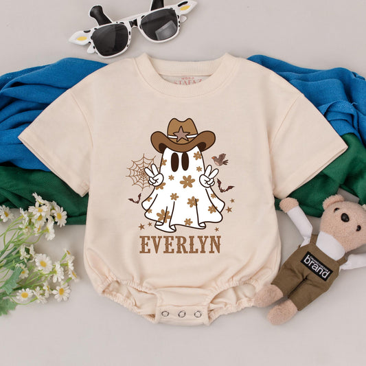 Personalized Western Ghost Baby Romper My First Halloween Outfit Cowboy Cowgirl Infant Clothes Spooky Season Baby Shower Gift