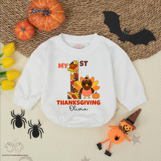 My 1st Thanksgiving Baby Bodysuit with Custom Name Olivia, Fall Leaves Turkey Romper Outfit, Baby Girl, Retro Fall Clothes