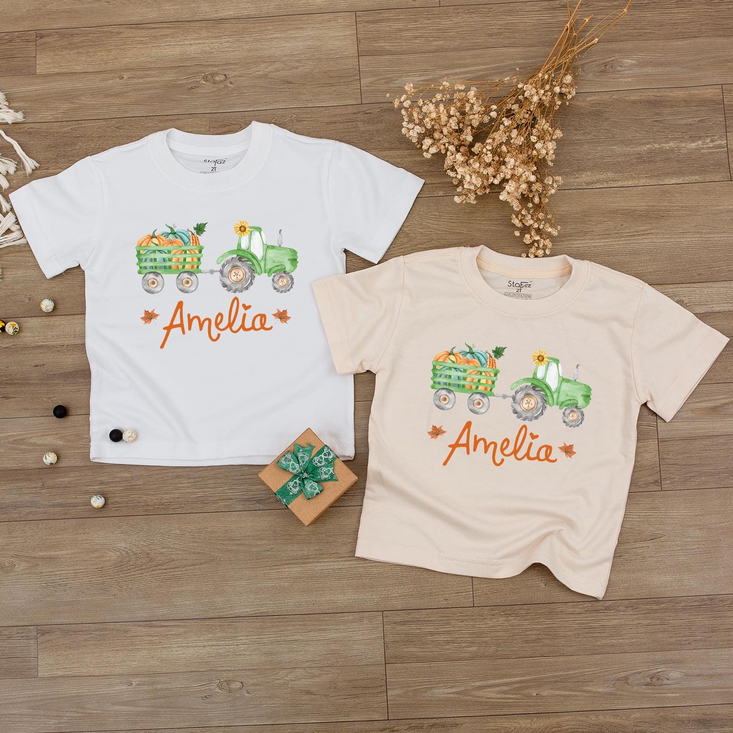 Amelia Pumpkin Tractor Fall Baby Outfit, Personalized Autumn Romper, First Thanksgiving Shirt, Harvest Baby Shower Gift, Baby Girl