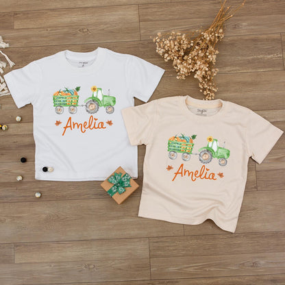 Amelia Pumpkin Tractor Fall Baby Outfit, Personalized Autumn Romper, First Thanksgiving Shirt, Harvest Baby Shower Gift, Baby Girl