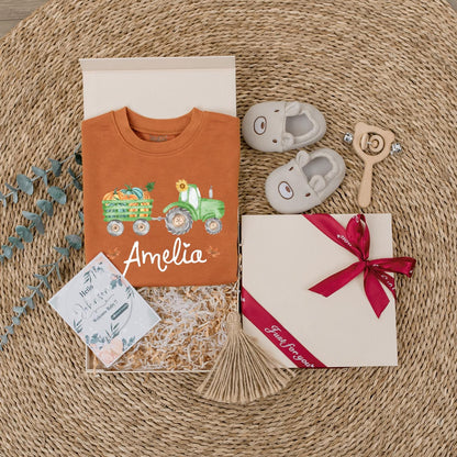 Amelia Pumpkin Tractor Fall Baby Outfit, Personalized Autumn Romper, First Thanksgiving Shirt, Harvest Baby Shower Gift, Baby Girl
