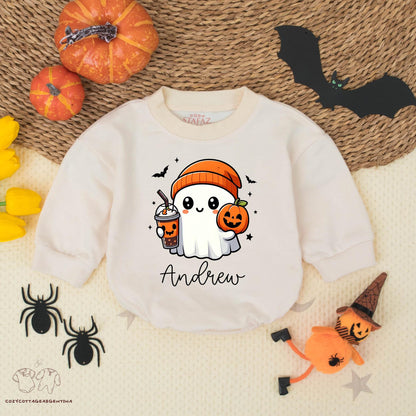 Custom Andrew Ghost Romper Halloween Outfit, Baby Boy Pumpkin Costume with Bubble Tea, Playful First Halloween Bodysuit, Cute Fall Romper (139 chars)